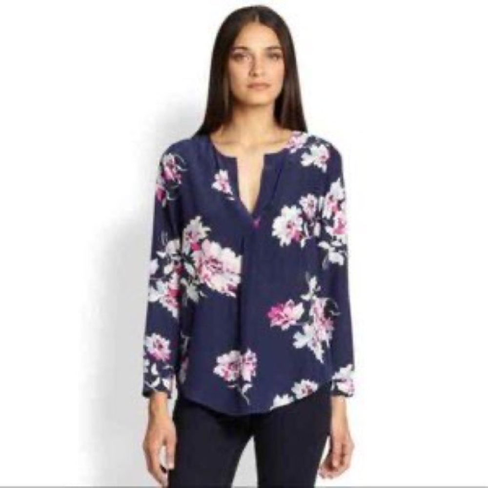Joie Deon Floral Print Silk Blouse in Dark Navy Blue, Size Large